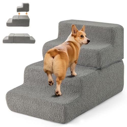 GOPLUS Hundetreppe für Kleine Hunde, Hundetreppe 4 Stufen, rutschfest Haustiertreppe mit Weichem Fleece Bezug, abnehmbare waschbare Katzentreppe für kleine/alte Hunde & Katzen, für Bett, Sofa & Couch von GOPLUS