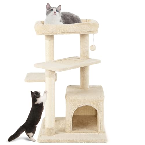 GOPLUS Katzenbaum, Mehrstöckiges Kratzbaum mit Katzenhöhle, Hängespielzeug, Kratz-Sisalpfosten, weicher Sitzfläche, 4-stufiges Katzen Aktivitätszentrum mit privatem Appartement (Beige) von GOPLUS