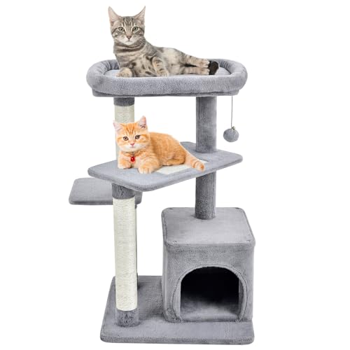 GOPLUS Katzenbaum, Mehrstöckiges Kratzbaum mit Katzenhöhle, Hängespielzeug, Kratz-Sisalpfosten, weicher Sitzfläche, 4-stufiges Katzen Aktivitätszentrum mit privatem Appartement (Grau) von GOPLUS