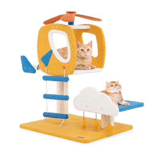 GOPLUS Katzenbaum im Hubschrauberform, Kratzbaum mit Plattform & Sisal Kratzbaum, Aktivitätsbaum für Katzen mit Leiter, 3 Sternförmige Spielzeuge zum Ausruhen, Spielen und Krallenwetzen von GOPLUS