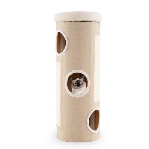 GOPLUS Katzenbaum in Fässer-Form, mehrstöckiges Katzenhaus mit 3 Löchern & abnehmbarem Plüschbett, multifunktionale Katzenhöhle für Haustiere mit abnehmbarem Bezug & Sisal-Kratzbrett, Beige von GOPLUS