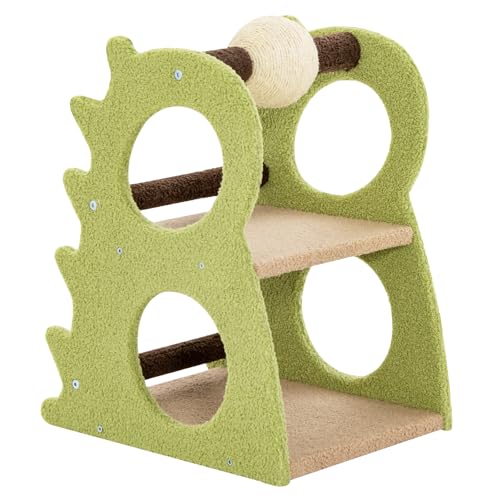 GOPLUS Katzenbaum klein, Kratzbaum 58 cm im Dinosaurier-Stil mit 2 Plattformen & drehbarem Sisalball, Katzenkratzbaum mit weichem Teddyplüsch, 2-stöckiges Katzenmöbel für kleine Kartzen, Grün von GOPLUS