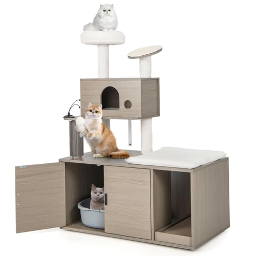 GOPLUS Katzenbaum mit Katzenschrank, All-in-One Kratzbaum mit Höhle, Kratzstämmen, Sisal-Kratzmatten, baumelnden Bällen, Fellpfleger, Moderne Katzenmöbel für Wohnungskatzen (95 x 55,5 x 132 cm) von GOPLUS