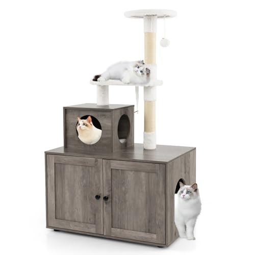 GOPLUS Katzenbaum mit Katzentoiletten, 2-in-1 Moderner Kratzbaum mit Katzenhaus, Kuscheliger Plattform, Sisal-Kratzpfosten, Hängendem Ball, 77,5x49x132 cm (Grau) von GOPLUS