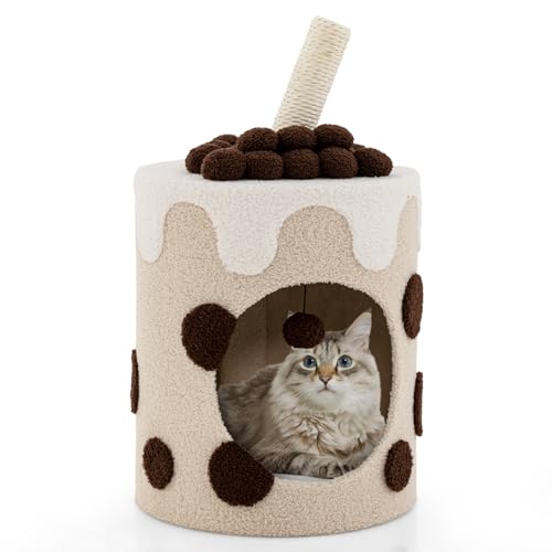 GOPLUS Katzenhaus Milchteeform, Multifunktionale Katzenhöhle mit waschbaren Kissen Sisalpfosten & Spielball, Kratztonne für Katzen zum Schlafen & Spielen, 37x37x67cm(Kaffee) von GOPLUS