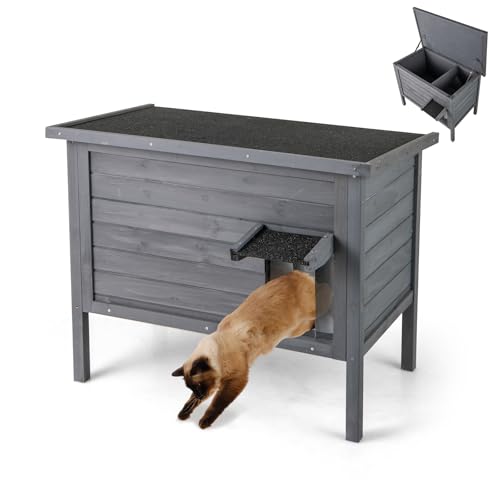 GOPLUS Katzenhaus Outdoor, Katzenhöhle aus Tannenholz mit geneigtem Asphaltdach, Katzenversteck mit erhöhte Basis und abnehmbare Trennwand für Draußen, 88 x 55 x 71 cm (L x B x H) (Dunkelgrau) von GOPLUS