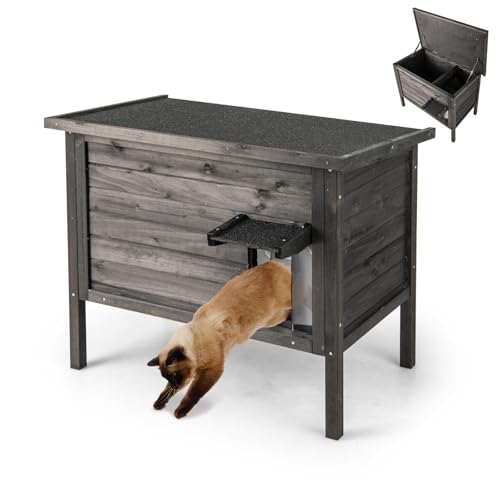 GOPLUS Katzenhaus Outdoor, Katzenhöhle aus Tannenholz mit geneigtem Asphaltdach, Katzenversteck mit erhöhte Basis und abnehmbare Trennwand für Draußen, 88 x 55 x 71 cm (L x B x H) (Schwarz) von GOPLUS