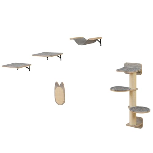 GOPLUS Katzenkletterwand Set aus Holz, 4-stöckiger Wandkatzenturm mit Kratzbrett, Hängematte & 2 Plattformen, wandmontiertes Katzenaktivitätszentrum für Katzen zum Spielen & Ruhen, für Wohnzimmer von GOPLUS