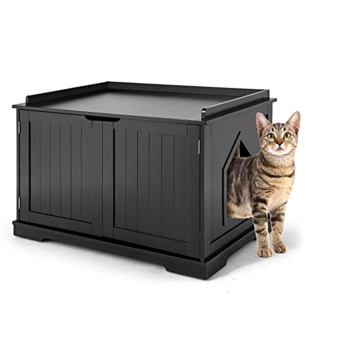 GOPLUS Katzenschrank, Katzenklo aus Holz, Katzentoilette für Indoor & Outdoor, Wasserdicht, Katzenhaus mit Eingang, für Kleintiere/Haustiere, Geräumiger Aufbewahrungsschrank (Schwarz) von GOPLUS