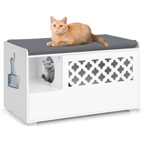 GOPLUS Katzenschrank aus Holz, Katzenhaus mit vorderer Klapptür & abnehmbarem Kissen, versteckte Katzentoilette mit innerem Katzenloch, multifunktionale Schrankbank, 90 x 49 x 52cm, weiß GOPLUS Katzenschrank aus Holz, Katzenhaus mit vorderer Klapptür & abnehmbarem Kissen, versteckte Katzentoilette mit innerem Katzenloch, multifunktionale Schrankbank, 90 x 49 x 52cm, weiß von GOPLUS
