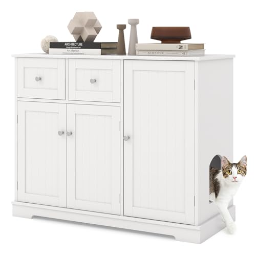 GOPLUS Katzenschrank für Katzentoilette, Beistellschrank mit 3 Türen, Katzenklo mit geräumiger Oberseite, 2 Aufbewahrungsschubladen und seitlichem Eingang für Katzen, 100 x 45 x 80 cm, Weiß GOPLUS Katzenschrank für Katzentoilette, Beistellschrank mit 3 Türen, Katzenklo mit geräumiger Oberseite, 2 Aufbewahrungsschubladen und seitlichem Eingang für Katzen, 100 x 45 x 80 cm, Weiß von GOPLUS