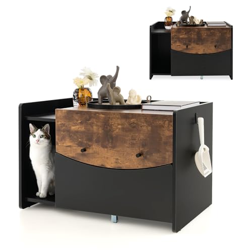 GOPLUS Katzenschrank mit ausziehbarer Schublade, Versteck für die Katzentoilette mit Klapptür & Rolle, Katzenhaus/Beistellschrank aus Holz für kleine bis große Katzen, Vintagebraun von GOPLUS