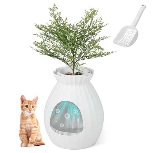 GOPLUS Katzentoilette mit intelligenter Geruchskontrolle, Katzenklo mit Kunstpflanze, Kieselsteinen, Türvorhang, Schaufel, leicht zu reinigen, Pflanzenklo für Katzen, 50x50x59cm (Weiß) von GOPLUS