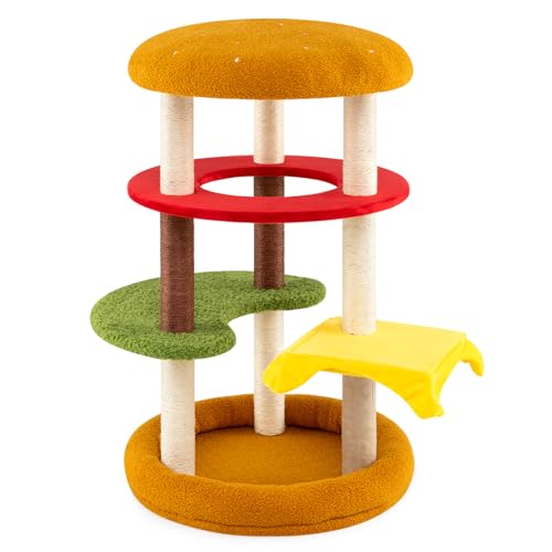 GOPLUS Klein Katzenturm, Hamburger-Themen Katzenaktivitätszentrum mit Gepolsterter Oberer Aussichtsplattform, Hängematte, Sprungplattformen und Sisal-Kratzpfosten, Katzenmöbel für Katzen (106 cm) von GOPLUS