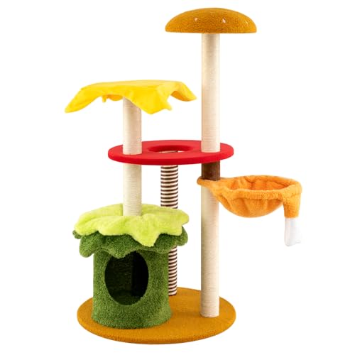 GOPLUS Klein Katzenturm, Hamburger-Themen Katzenaktivitätszentrum mit Gepolsterter Oberer Aussichtsplattform, Hängematte, Sprungplattformen und Sisal-Kratzpfosten, Katzenmöbel für Katzen (117 cm) von GOPLUS