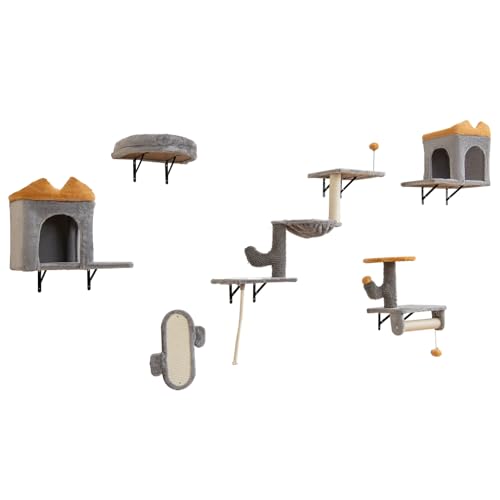 GOPLUS Kletterwand Katzen, 6 PCS Katzen Wandpark mit gepolsterten Plattformen, 2 Höhlen, Katzenbaum, Kratzbrett, Aussichtspunkt & bequemem Bett, Katzentreppe Kletterbaum für kleine und große Katze von GOPLUS