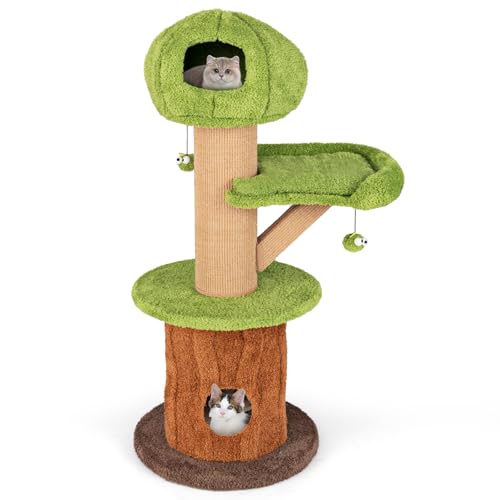 GOPLUS Kratzbaum 148 cm, Katzenbaum in Pilzform mit 2 Katzenhöhlen, Plattform, Sisalkratzpfosten & abnehmbarem Sitzkissen, Katzenkratzbaum zum Faulenzen, Spielen & Krallenpflege, Braun+Grün von GOPLUS