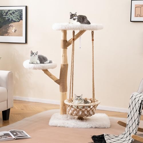 GOPLUS Kratzbaum Holz, Katzenbaum mit Hängeschaukel, Plüschplattform & Kratzsäulen aus Jute, Kletterturm Aktivitätszentrum für Kätzchen, Katzenkratzbaum Katzenmöbel für Katzen (123 cm) von GOPLUS