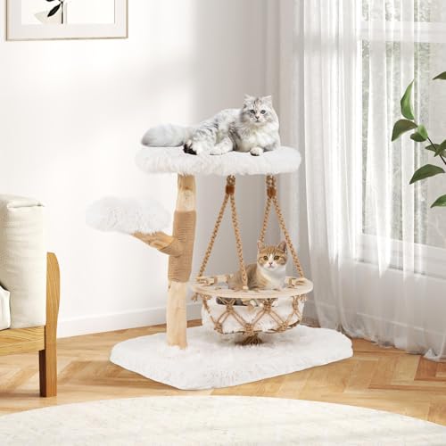 GOPLUS Kratzbaum Holz, Katzenbaum mit Hängeschaukel, Plüschplattform & Kratzsäulen aus Jute, Kletterturm Aktivitätszentrum für Kätzchen, Katzenkratzbaum Katzenmöbel für Katzen (66 cm) von GOPLUS