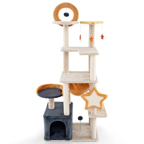 GOPLUS Kratzbaum groß, 160 cm Katzenbaum mit Plattformen, mehrstockiger Katzenkratzbaum mit 2 Sitzstangen, Hängematte, Höhle, Sisalkratzbrettern, hängenden Spielzeugen & Ball, für Kätzchen von GOPLUS