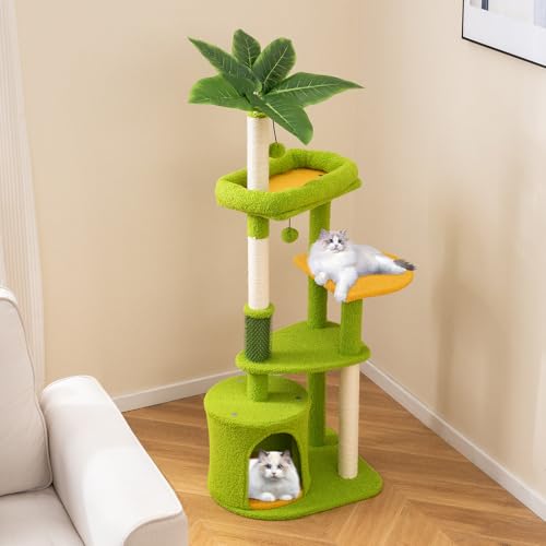 GOPLUS Kratzbaum klein, Katzenturm mit große Plattformen, Katzenhöhle, Sisal-Kratzpfosten, Pflegebürste, Ball & künstlichen Blättern, Katzenbaum Indoor, Kletterbaum für Kätzchen (122 cm) von GOPLUS
