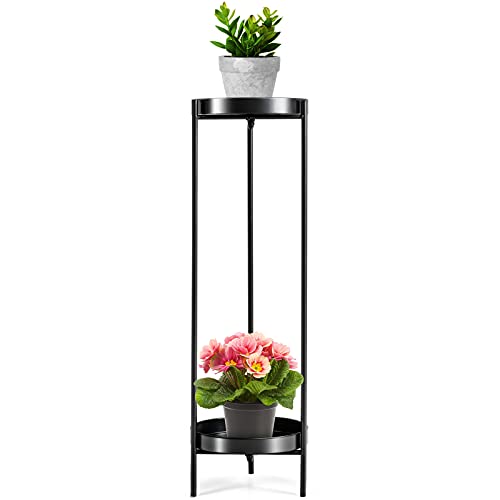 GOPLUS Moderner Blumenständer, 2-Lagiger Pflanzenständer aus Stahlrohren & Metallablagen, Runder Blumentopf für Wohnzimmer Terrasse Balkon, bis zu 30 kg Belastbarkeit (80x25cm, Schwarz) von GOPLUS