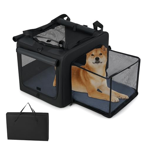 GOPLUS Transportbox für Hunde und Katzen, Transporttasche faltbar mit 5 Belüftungsfenstern, 2 Öffnungen, Matte und Schultergurt für den Transport, Reisetasche für Haustiere (80 x 60 x 42 cm) von GOPLUS