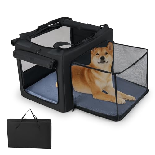 GOPLUS Transportbox für Hunde und Katzen, Transporttasche faltbar mit 5 Belüftungsfenstern, 2 Öffnungen, Matte und Schultergurt für den Transport, Reisetasche für Haustiere (88 x 72 x 48 cm) von GOPLUS