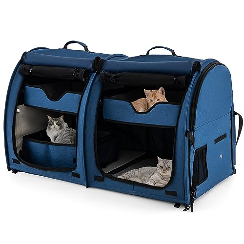 GOPLUS Transportbox mit Zwei Fächern für Katzen, 2 in 1 Haustierhütte mit abnehmbaren Hängematten & Katzentoilette, Tragbare Reisebox für Katzen & Hunde mit Tragetasche (Blau) von GOPLUS