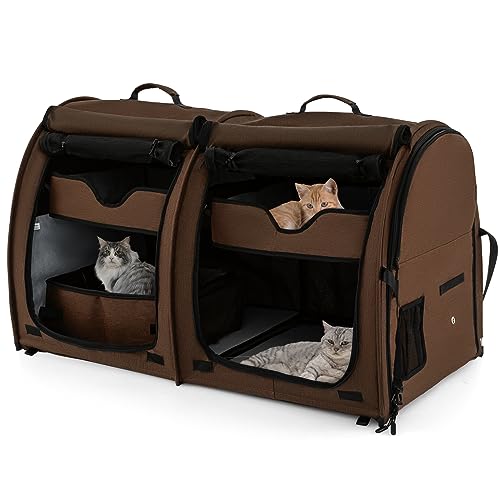 GOPLUS Transportbox mit Zwei Fächern für Katzen, 2 in 1 Haustierhütte mit abnehmbaren Hängematten & Katzentoilette, Tragbare Reisebox für Katzen & Hunde mit Tragetasche (Braun) von GOPLUS