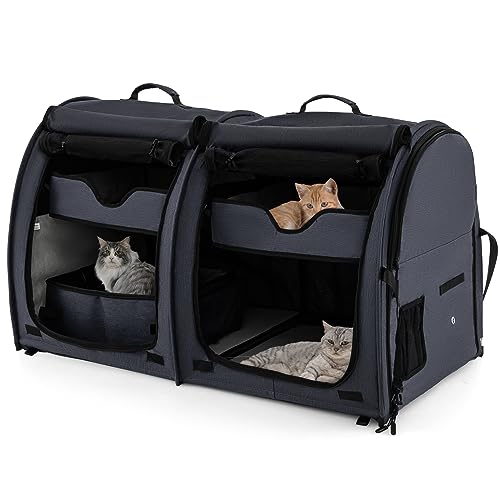 GOPLUS Transportbox mit Zwei Fächern für Katzen, 2 in 1 Haustierhütte mit abnehmbaren Hängematten & Katzentoilette, Tragbare Reisebox für Katzen & Hunde mit Tragetasche (Schwarz) von GOPLUS