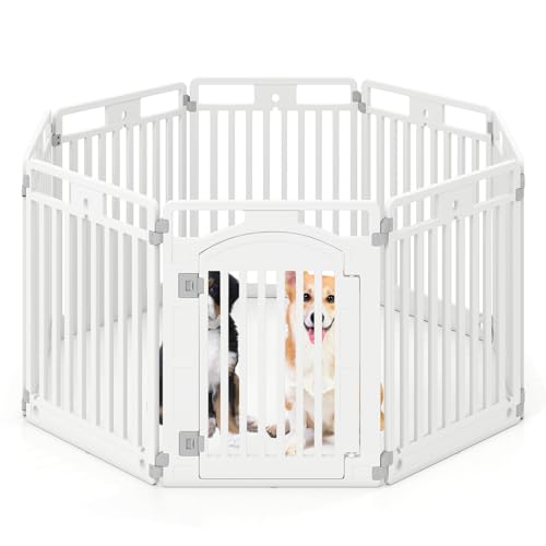 GOPLUS Welpenlaufstall, Hundelaufstall faltbar mit abschließbarer Tür, 80 cm Welpenauslauf Outdoor Indoor, tragbarer Haustierzaun mit Saugnäpfen und Pflöcken, Hundeauslauf aus Kunststoff für Hünde von GOPLUS