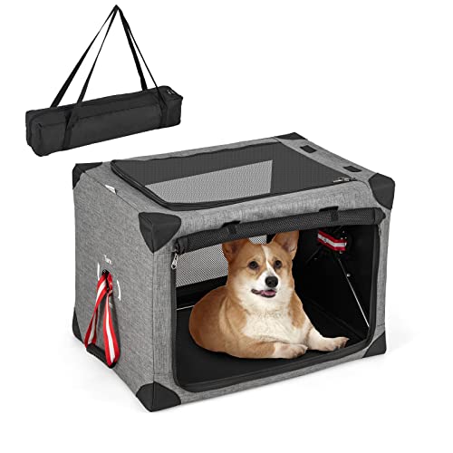 GOPLUS Zusammenklappbare Hundebox mit Matte & 3-seitigen Netztüren, weiche Transportbox für Hunde, Tragbare Haustierbox mit Tragetasche, für Auto, Zuhause, auf Reisen (M-65 x 45 x 45 cm) von GOPLUS