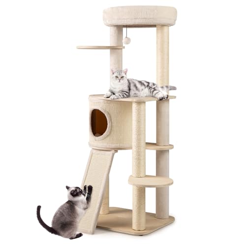 Kratzbaum für Katzen 143 cm, Innenturm mit 6 Plattformen, Sitzstange und Haus, Möbel für Katzen aus Holz mit 4 Sisal-Kratzbäumen, 2-in-1 Leiter und hängender Ball von GOPLUS