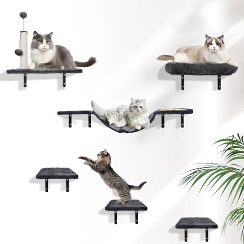 GOQELK Kletterwand Katzen Set-Katzenbaum,6-Teiliges Wandregale, Wandpark mit Katzensalon, Katzenbrücke, Katzenbaum, Katzentreppe und Kratzbrett bis zu 13 kg Frühlingsbälle für Katzen von GOQELK