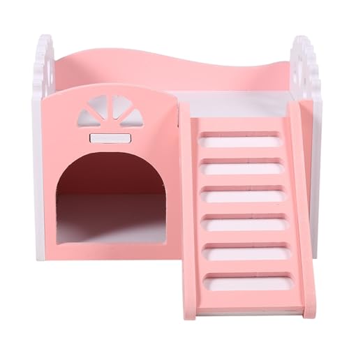 Hamster Haus Holz Meerschweinchen Haus, 2 Etagen Zwerghamster Zubehör Haus mit Leiter Spielplatz Haus für Zwerghamster, Rennmäuse, Degus, Goldhamster 15 x 11 x 11 cm (Rosa) von GOTOTOP