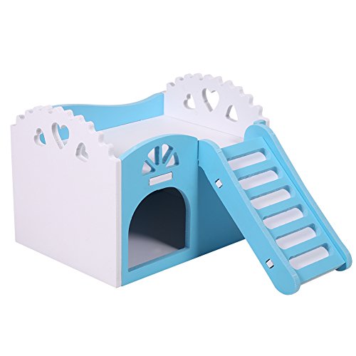 Hamster Haus Doppeldecker Haustier Haus mit Treppe Nest Übung Spielzeug Kunststoff Holz Eckhaus für Eichhörnchen Gerbils Hamster Kleine Tiere, 15 x 11 x 11 cm (blau) von GOTOTOP