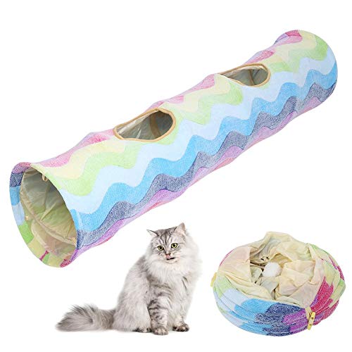 Zusammenklappbares Katzentunnelspielzeug, Rainbows Cloth Hideaway Pet Tunnel mit Ringpapier und Ball Cat Toys Spielröhre für Kaninchen Kleintiere(Bunt) von GOTOTOP