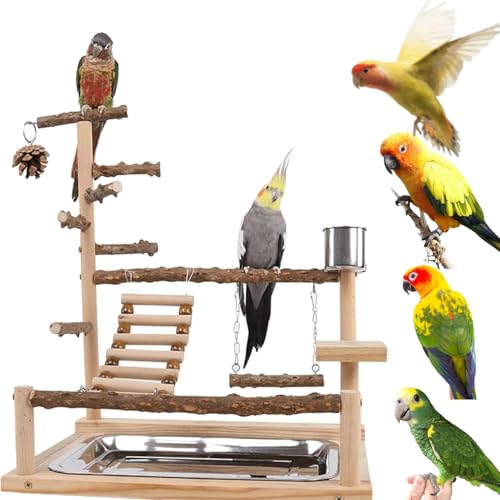 GOVNPJ Papageien-Spielplatz, Vogelspielplätze mit Futterschalen, Vogelkäfigständer, Vogelsitzstange, Sittich-Spielplatz, Holz, Vogelspielständer für Nymphensittiche (F544) von GOVNPJ