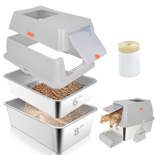 GOYJOY Edelstahl-Siebtoilette mit Deckel, 60 x 40 x 20 cm, große Pellet-Katzentoilette, Metall-Sieb-Katzentoiletten für Kiefernpellets, Anti-Urinleckage, inklusive Fußpedal, Schaufel und von GOYJOY