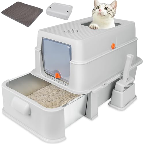 GOYJOY Geschlossene Edelstahl-Katzentoiletten, großer faltbarer Katzentoilette mit Deckel, mit Kapuze bedeckte Edelstahl-Katzentoilette, einfache Reinigung, kein Urinaustritt, tiefere Pfanne, mit GOYJOY Geschlossene Edelstahl-Katzentoiletten, großer faltbarer Katzentoilette mit Deckel, mit Kapuze bedeckte Edelstahl-Katzentoilette, einfache Reinigung, kein Urinaustritt, tiefere Pfanne, mit von GOYJOY