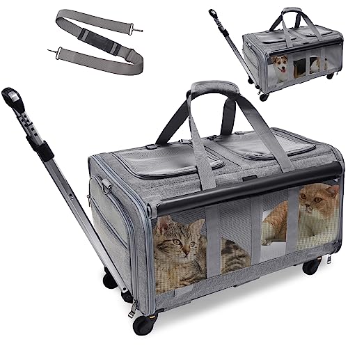 GOYJOY Haustier-Rolltrage mit zwei Fächern und Rädern für 2 Haustiere, für bis zu 15,9 kg, Katzentrage für 2 Katzen, super belüftetes Design, ideal für Reisen/Wandern/Camping von GOYJOY