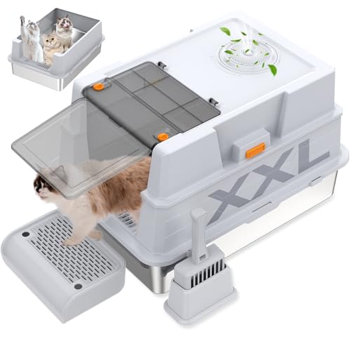 GOYJOY XXL Stainless Steel Litter Box with Lid,XXL Enclosed Metal Cat Litter Box for Big Cats,Multiple Cats,with Litter Scoop & Foot Pedal & Litter Mat,Odor Control,Easy Cleaning von GOYJOY
