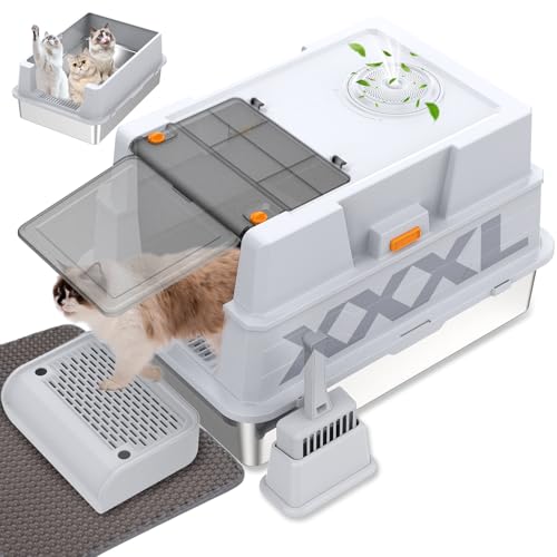 GOYJOY XXXL Edelstahl-Katzentoilette mit Deckel, XXXL geschlossene Metall-Katzentoilette für große Katzen, mehrere Katzen, mit Streuschaufel, Fußpedal und Katzenklo, Geruchskontrolle, einfache von GOYJOY