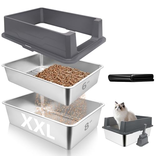 XXL Edelstahl-Siebtoilette, 70 x 50 x 20 cm, extra große Pellet-Katzentoilette, Metall-Siebtoilette für Kiefernpellets, Anti-Urinleckage, inklusive Schaufel und 25 Katzentoiletten von GOYJOY