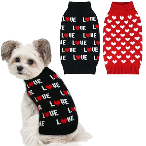 GOYOSWA 2er-Pack Valentinstags-Hundepullover, Hunde-Valentinstags-Outfit, gestrickte Herz-Pullover für kleine, mittelgroße und große Hunde, Haustiere (rotes Herz und Schwarze Liebe, Größe M) von GOYOSWA