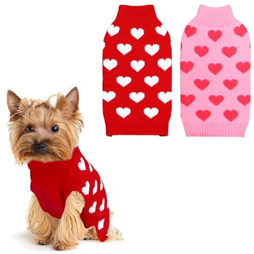 GOYOSWA 2er-Pack Valentinstagspullover für Hunde, Valentinstagskleidung, Strickpullover in Herzform, für kleine, mittelgroße und große Hunde, Haustiere (Rot und Rosa, Größe S) von GOYOSWA