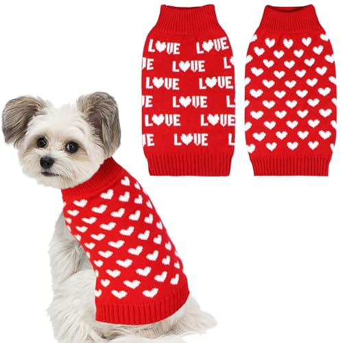 GOYOSWA 2er-Pack Valentinstags-Hundepullover, Hunde-Valentinstags-Outfit, gestrickte Herz-Pullover für kleine, mittelgroße und große Hunde, Haustiere (rotes Herz und rote Liebe, Größe M) von GOYOSWA