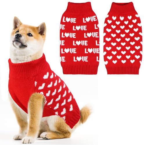 GOYOSWA Hundepullover zum Valentinstag, gestrickte Herz-Pullover für kleine, mittelgroße und große Hunde, Haustiere (rotes Herz und rote Liebe, Größe XL) von GOYOSWA