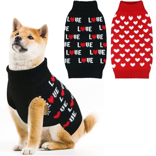 GOYOSWA Hundepullover zum Valentinstag, gestrickte Herz-Pullover für kleine, mittelgroße und große Hunde, Haustiere (rotes Herz und schwarze Liebe, Größe XL) von GOYOSWA
